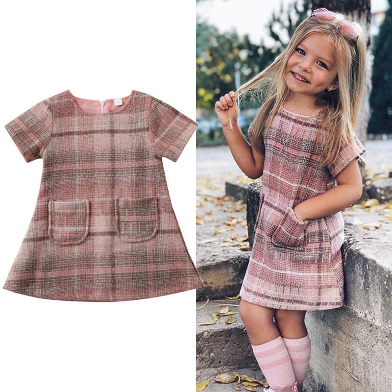 Kids Baby Girls Dress Pink Plaid Print Pocket Zipper 1-6Y Outfits